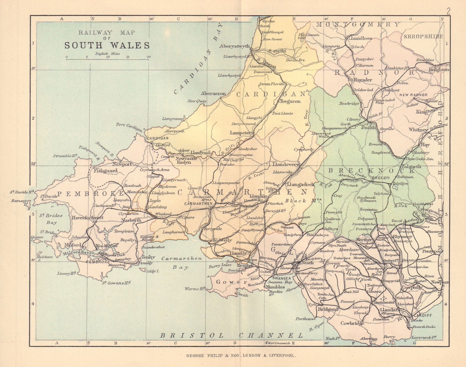 WALES Railway Map of South Wales BARTHOLOMEW 1885 old antique plan chart